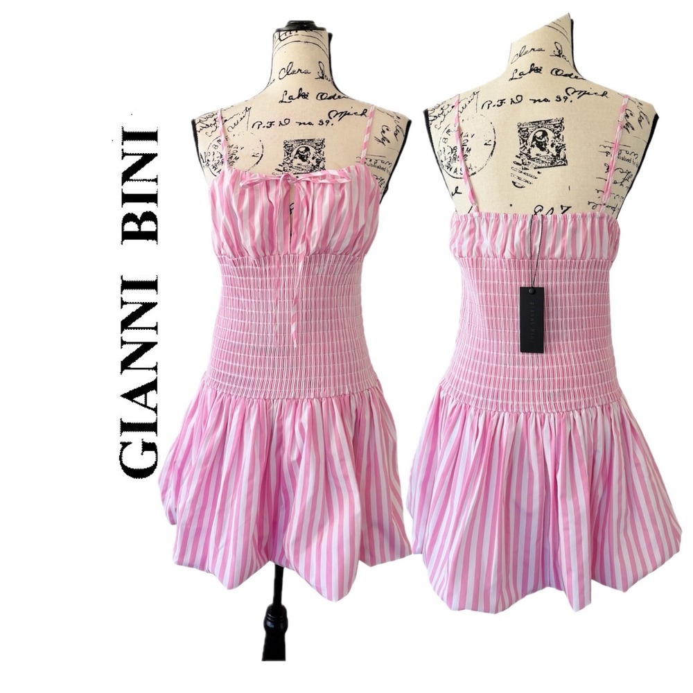 Gianni Bini Pink White Striped Smocked Bubble Hem Mini Dress Coquette Barbiecore